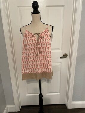 Tommy Bahama Coral and White Printed Spaghetti-Strap Cami with Tan Trim